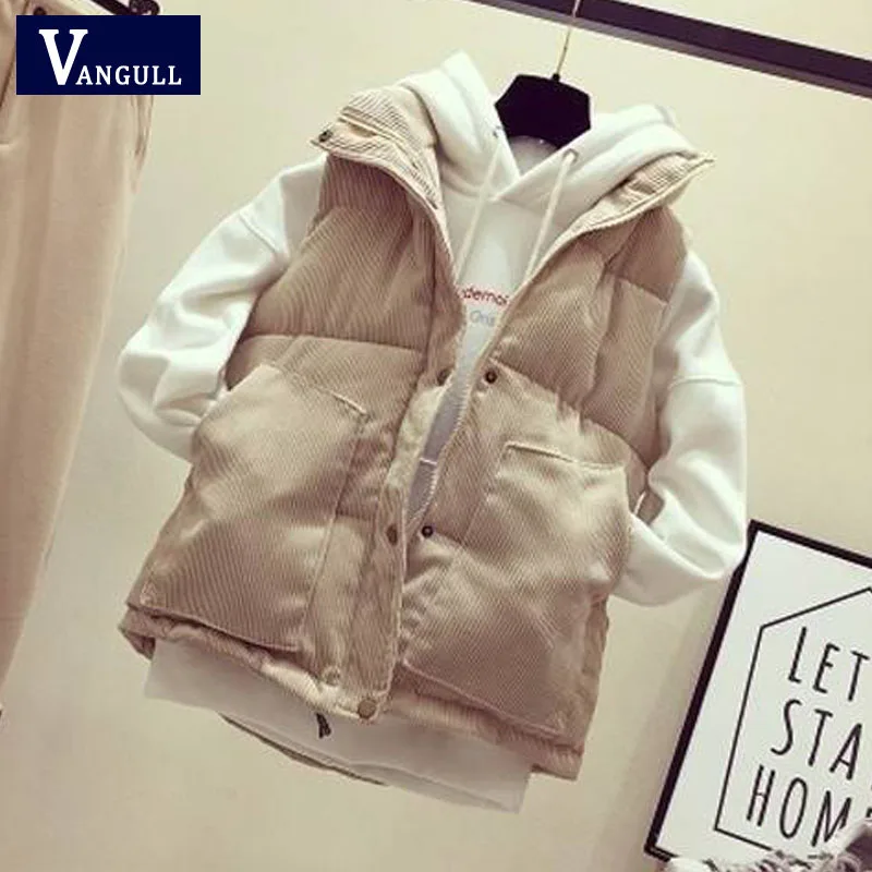 Light Khaki VANGULL женский хлопковый теплый пуховый жилет Высококачественная куртка без рукавов Брендовая женская зимняя куртка Верхняя одежда вельветовый жилет - Цвет: Light Khaki