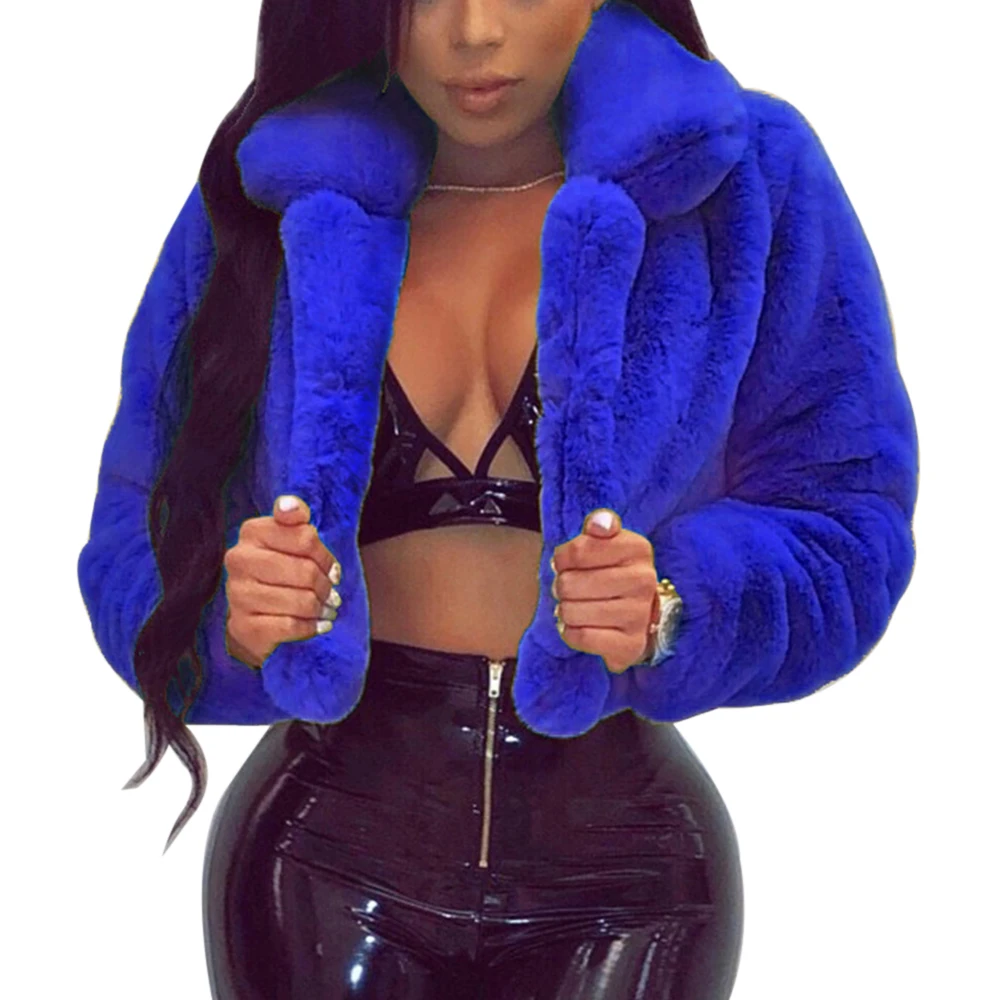 blue Пушистые пальто из искусственного меха, куртки для женщин, зимняя теплая новая короткая куртка из искусственного меха, Уличная Повседневная Верхняя одежда с отложным воротником и открытым передним воротником - Цвет: blue