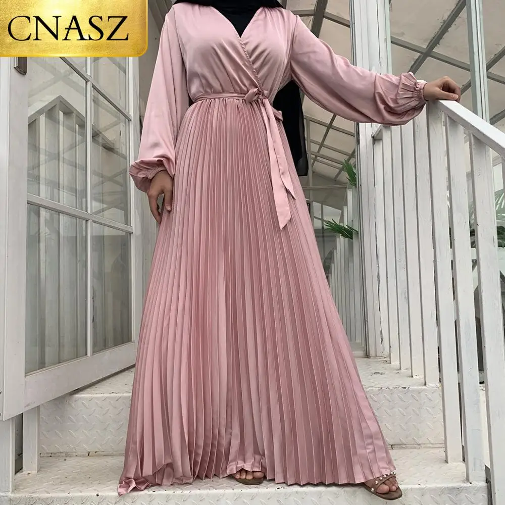 2020 New Arrivals Elegant Muslim Woman Pleated dress Fashion Office Dress Islamic Turkey Fall 2020 Women Clothing Arab Dubai