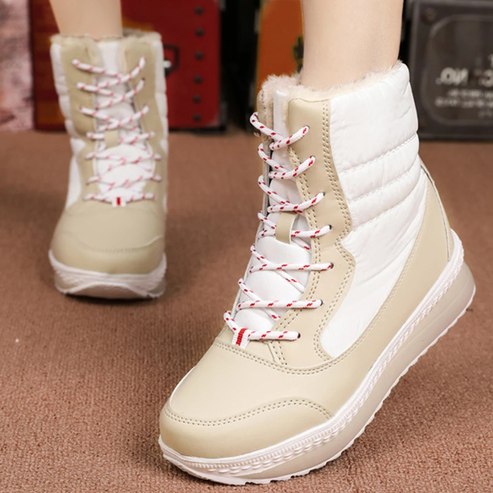 SARAIRIS Winter Waterproof Snow Boots Woman Add Fur Warm Ladies Shoes Woman Fashion Thick Heels Lace Up Boots Female Size 35-42 - Цвет: Бежевый