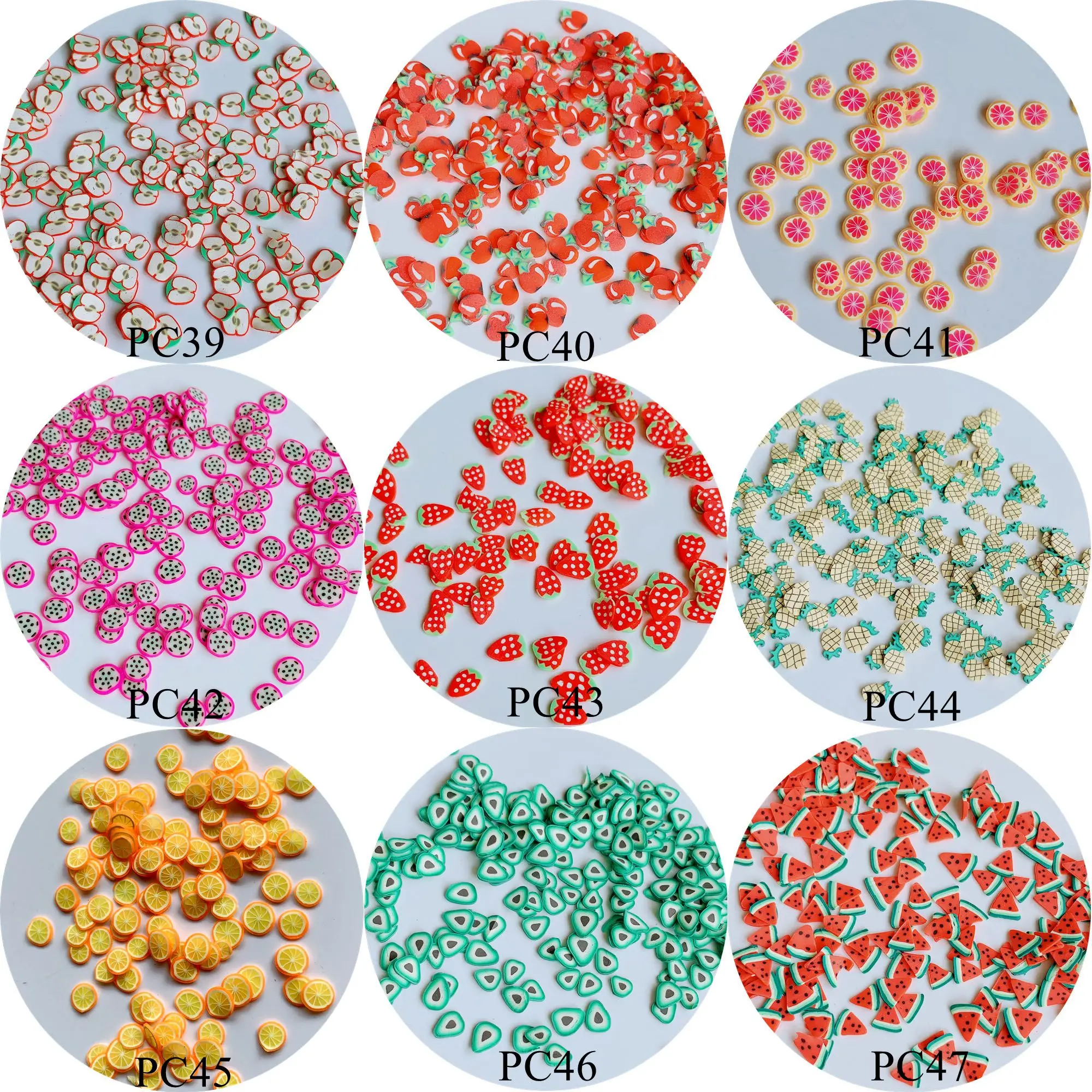 

100g/bag Polymer Clay Slices Fruit Designs polymer clay slices Apple Strawberry Spanish Cherry Orange