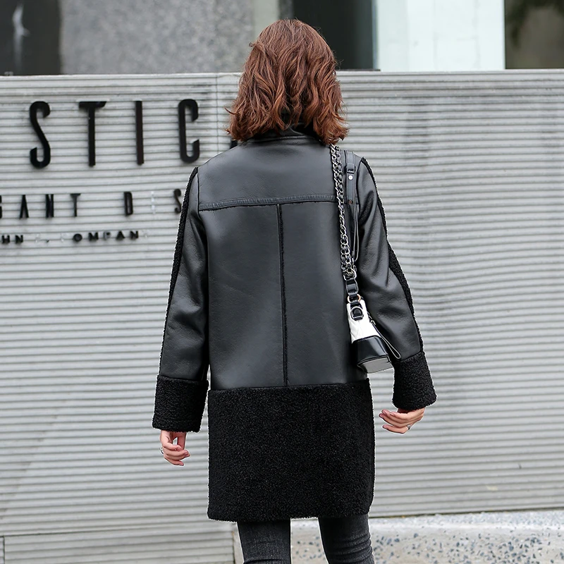 Winter Women Sheepskin Long Coats Thick Eco-leather Lambskin Wool Fur Big Pockets Jackets Splicing Black Motorcycle Outwear Hot