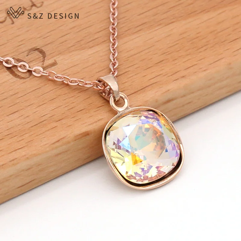 S&Z DESIGN New Fashion Trendy Square Crystal Pendant Necklace For Women Wedding Party 585 Rose Gold Color Jewelry Gift