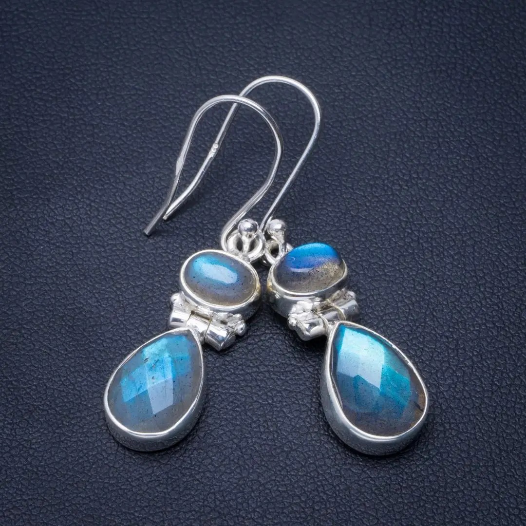 

Natural Blue Fire Labradorite Handmade Unique 925 Sterling Silver Earrings 1.5" B2041