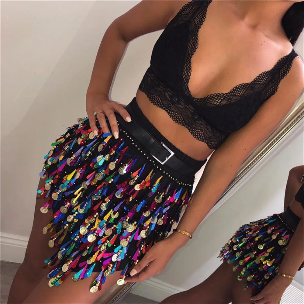 Women Colorful Shiny Skirt, Multi-layered Sequin Tassel Skirt for Party Night Club