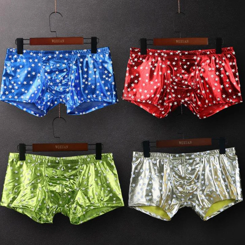 Underwear Men Sexy Faux Leather Fashion Boxers Man Panties Brand Tight Pouch Print Boxer shorts Gay Underwear Printed Red Blue