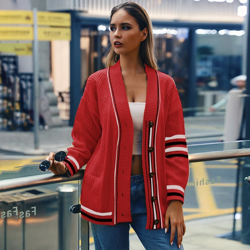 Red InstaHot/Повседневные вязаные кардиганы для женщин, абрикосовый полосатый свитер, свободная зимняя женская верхняя одежда, пальто осенние Рубашки женские - Цвет: Red