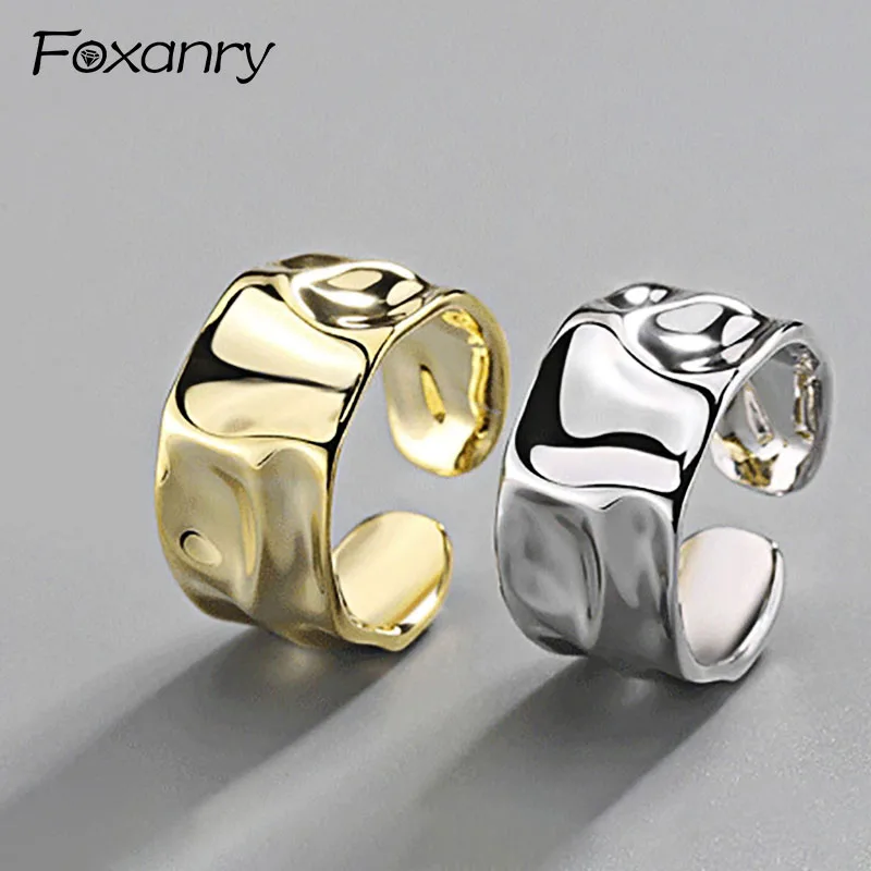 Foxanry 여성용 핸드메이드 불규칙 반지, 실버 컬러 크리에이티브 기하학 와이드 애니로 주얼리 선물, 크기 16.5mm 조절