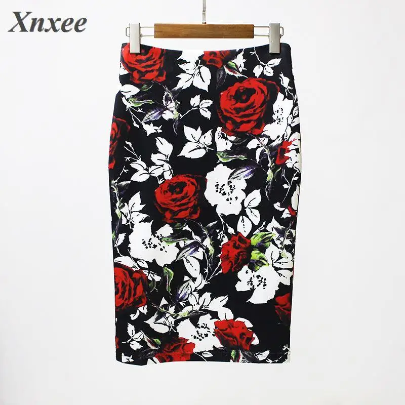 Женская юбка карандаш с высокой талией миди большими цветами облегающая