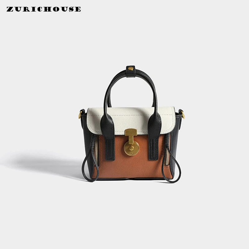 

ZURICHOUSE Brand Genuine Leather Messenger Bag Women Contrast Color Square Bag Metal Zipper Handbags Shoulder Crossbody Bag