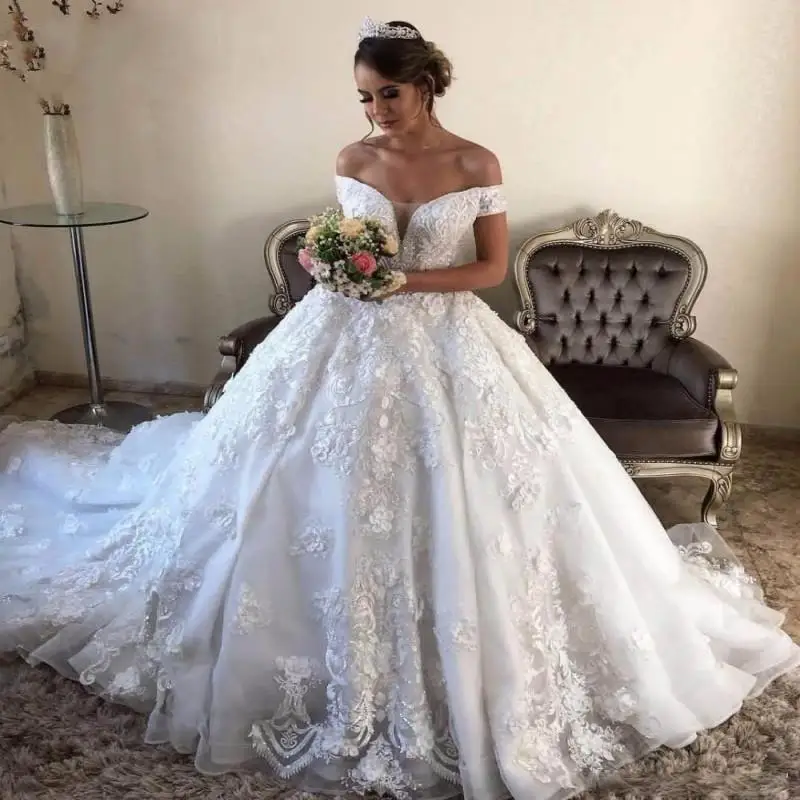 

Beautiful Off the Shoulder Sweetheart Wedding Dress Robe Mariee Sweep Train Appliques Plus Size Ball Gowns Vestido De Noiva