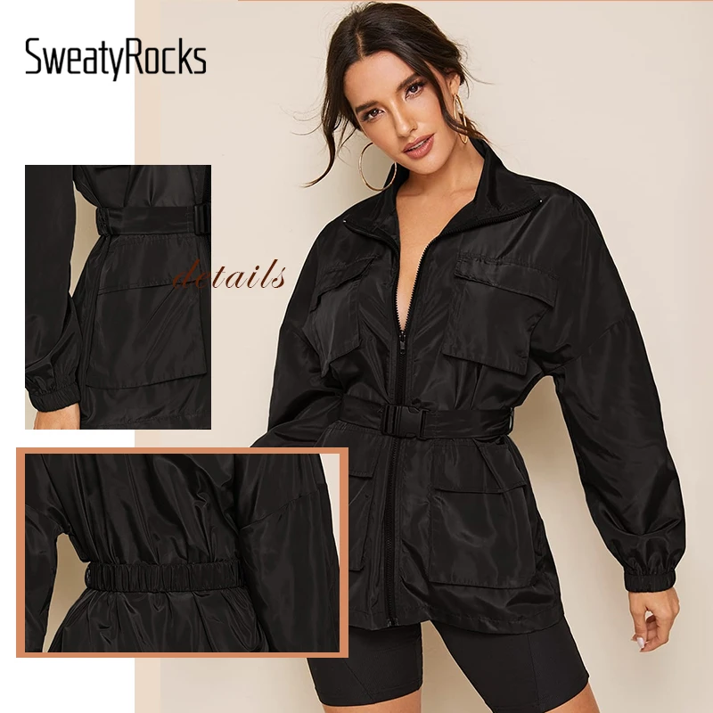 SweatyRocks черная куртка на молнии с карманом и заплатками, нажимная пряжка на поясе, Женская ветровка, куртки, повседневные пальто и куртки