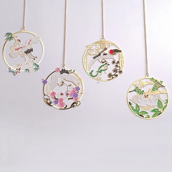 

Ruihe Colorful Fairy Crane Creative Chinese Style Brass Color Fan Pendant Metal Bookmark Aesthetic Student Gifts