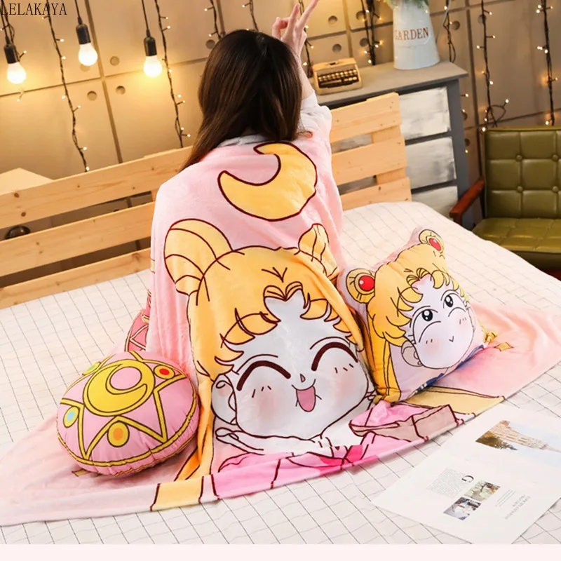 Comprar 2 en 1 lindo Sailor Moon Tsukino Usagi Magic Array juguetes de peluche suave relleno aire acondicionado cojín caliente almohada con manta de regalo