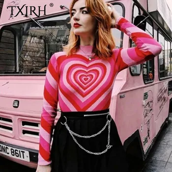 

TXJRH Korea Harajuku Sweet Girls Pink Love Heart Contrast Color Pullover Sweater Sexy Women Jumper Knitted Knitwear Tops Femme