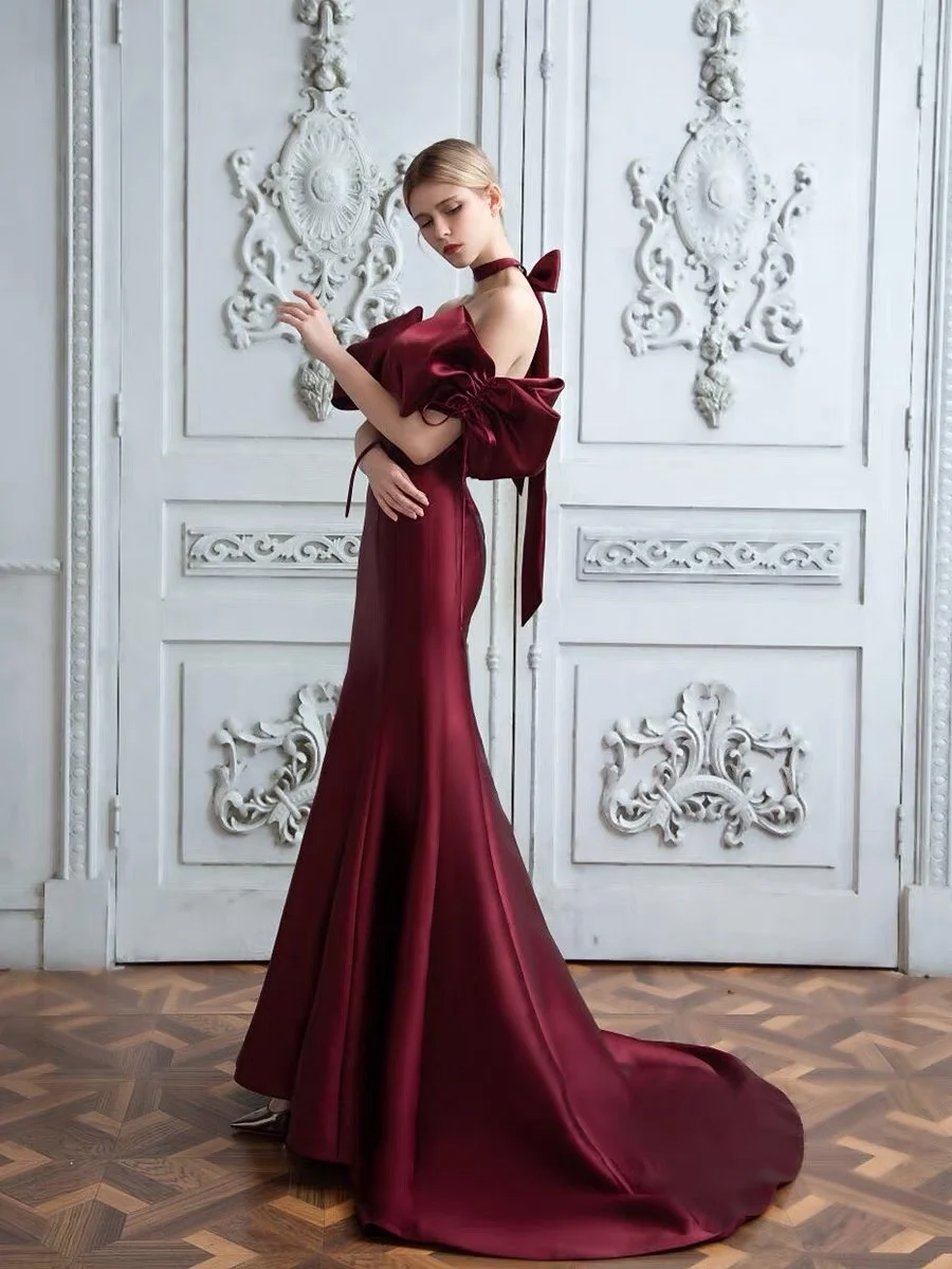 Burgundy Prom Dresses Mermaid Sexy Backless Off Shoulder Boat Neck Bow Wedding Banquet Party Cocktail Evening Dresses With Train