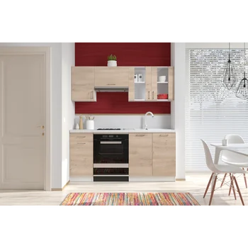 

Cucina componibile da 180 cm con top vetrina base e pensili sospesi in laminato, rovere chiaro