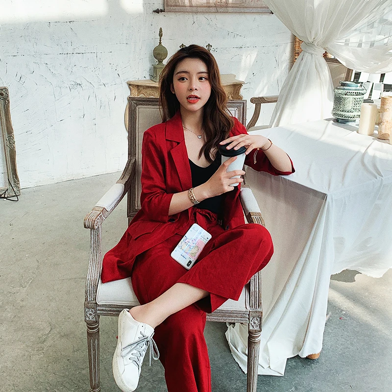 

Women Clothes Stylish Suit Female Office Two-piece Sets Solid Color Single-breasted Plus Size Suit Trouser Costume Femme