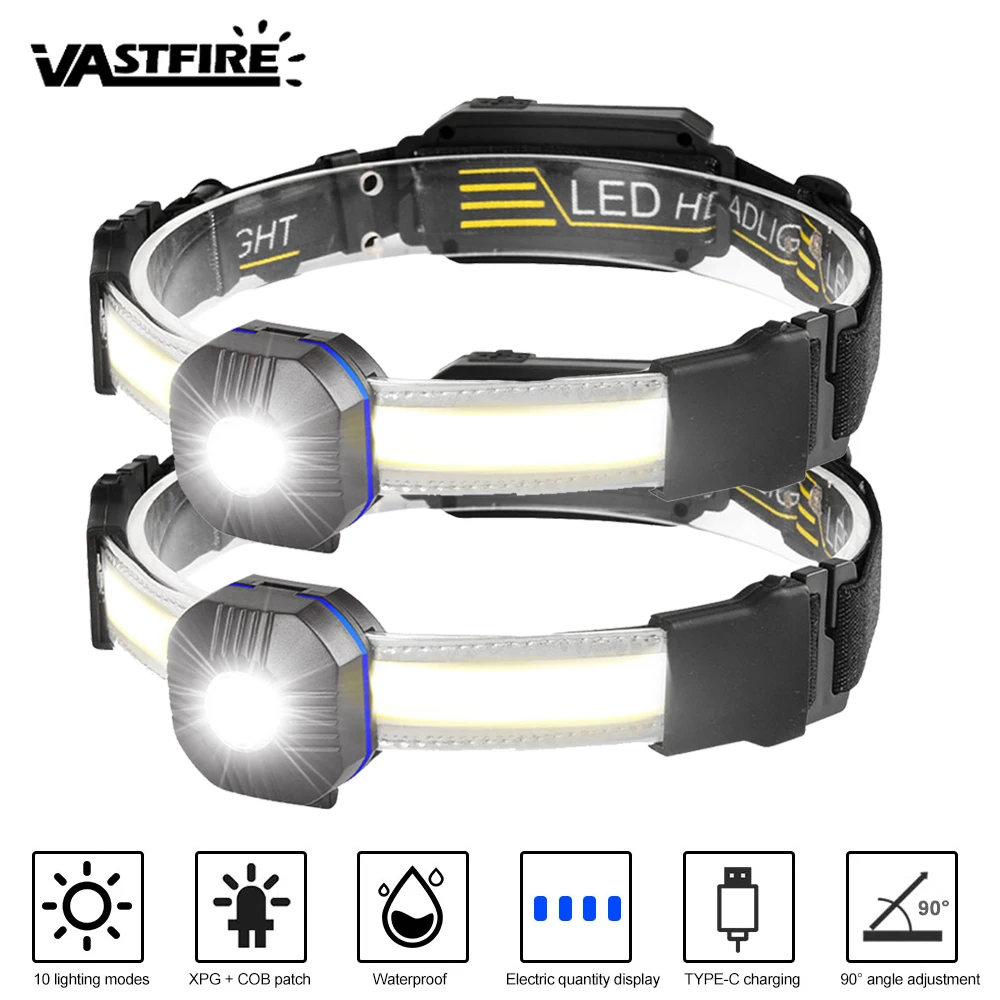 

2PCS LED+COB Induction Motion Headlamp 10 Mode USB Charging Power Display Waterproof Fishing Riding Headlight Head Light Torch