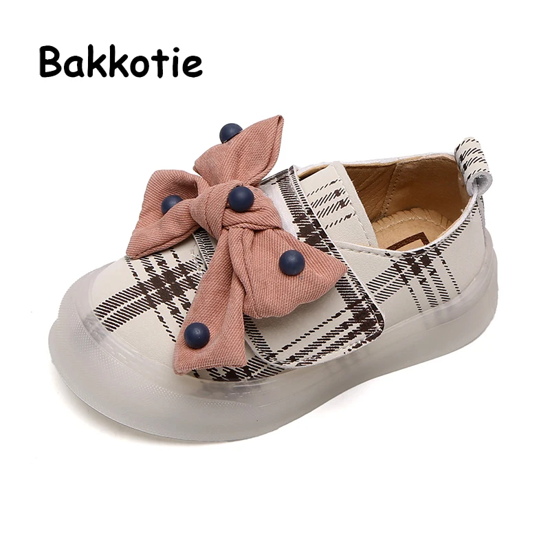 

Bakkotie 2019 New Kids Dress Shoes Autumn Baby Girls Fashion Bowtie Sneakers Children Breathable Plaid Pink Soft Casual Shoes