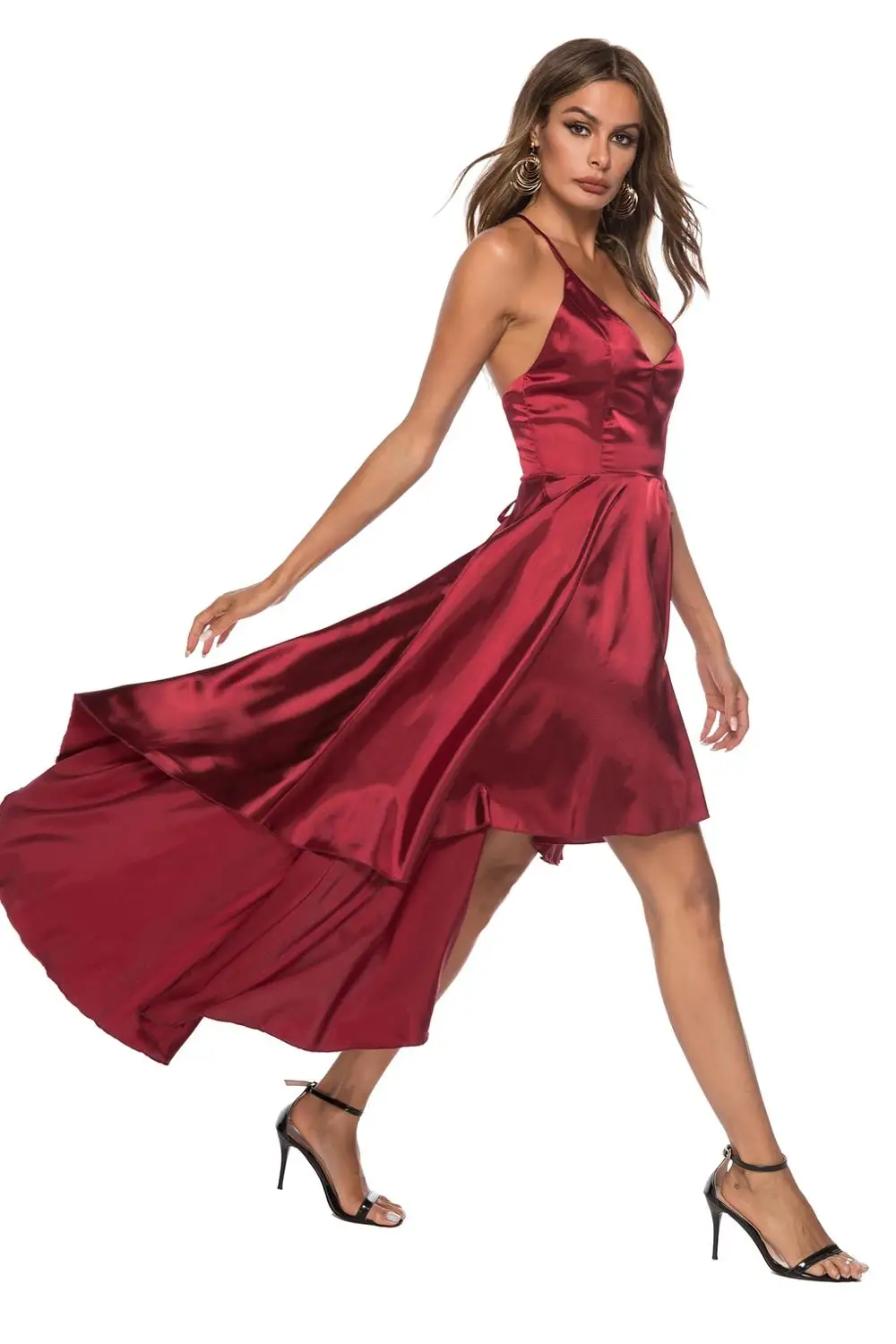 Robe De Soiree/Новое модное коктейльное платье на бретельках с v-образным вырезом, с высоким низким вырезом, сексуальные атласные вечерние платья с открытой спиной, бордовые