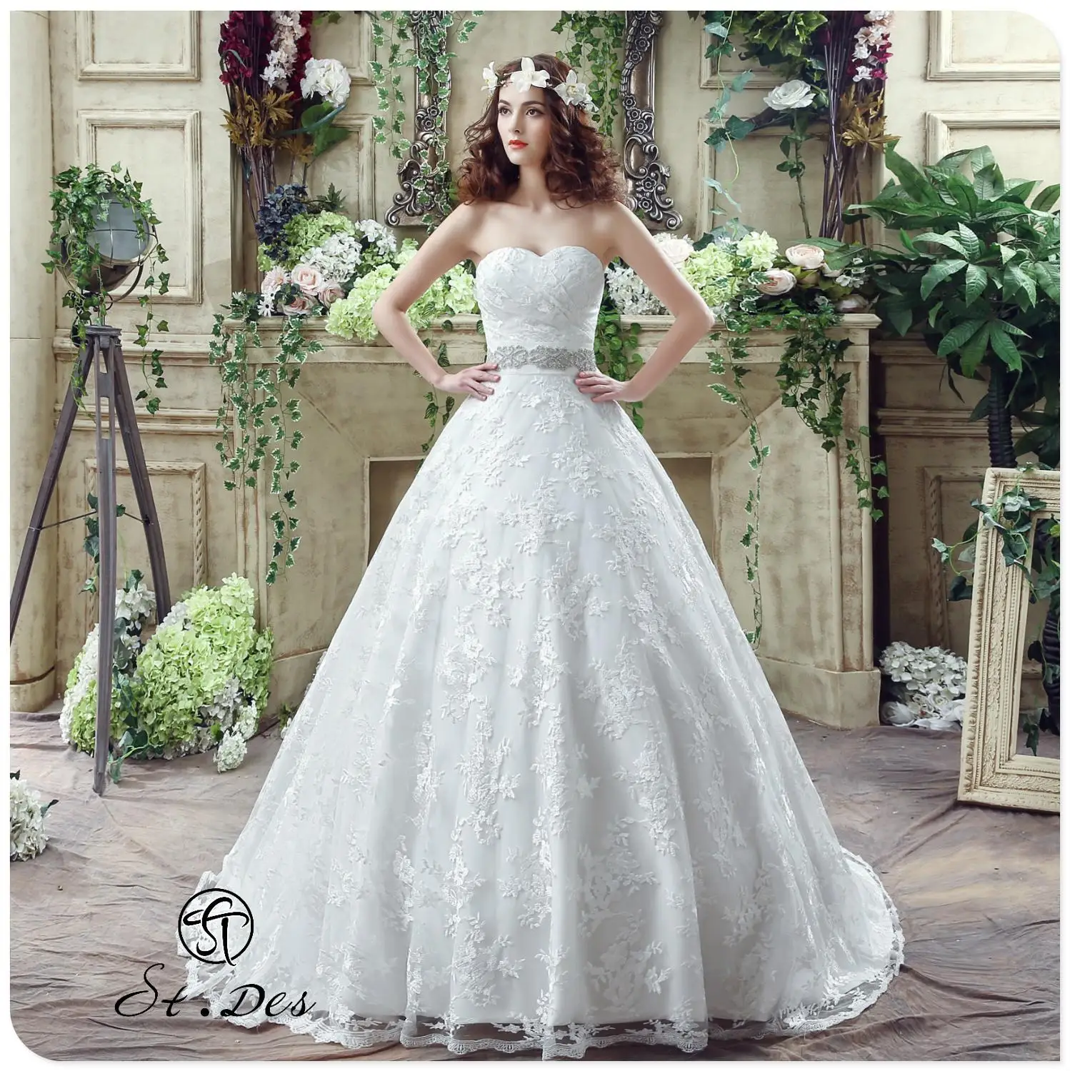 

S.T.DES Wedding Dress 2020 Ivory A-line Russian Sweat Heart Strapless Sleeveless Lace Floor-length Wedding Dress Wedding Gown