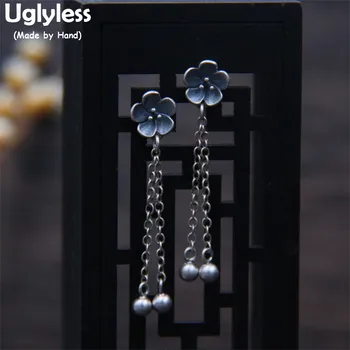 

Uglyless Genuine S925 Thai Sterling Silver Women Ethnic Flower Dangle Earrings Chains Tassel Brincos Handmade Beads Fine Jewelry