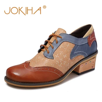 

2019 New Brand Design Real Leather Women's Brogue Shoes Med Heel Brown Green British Style Ladies Casual Shoes Woman Loafers 42