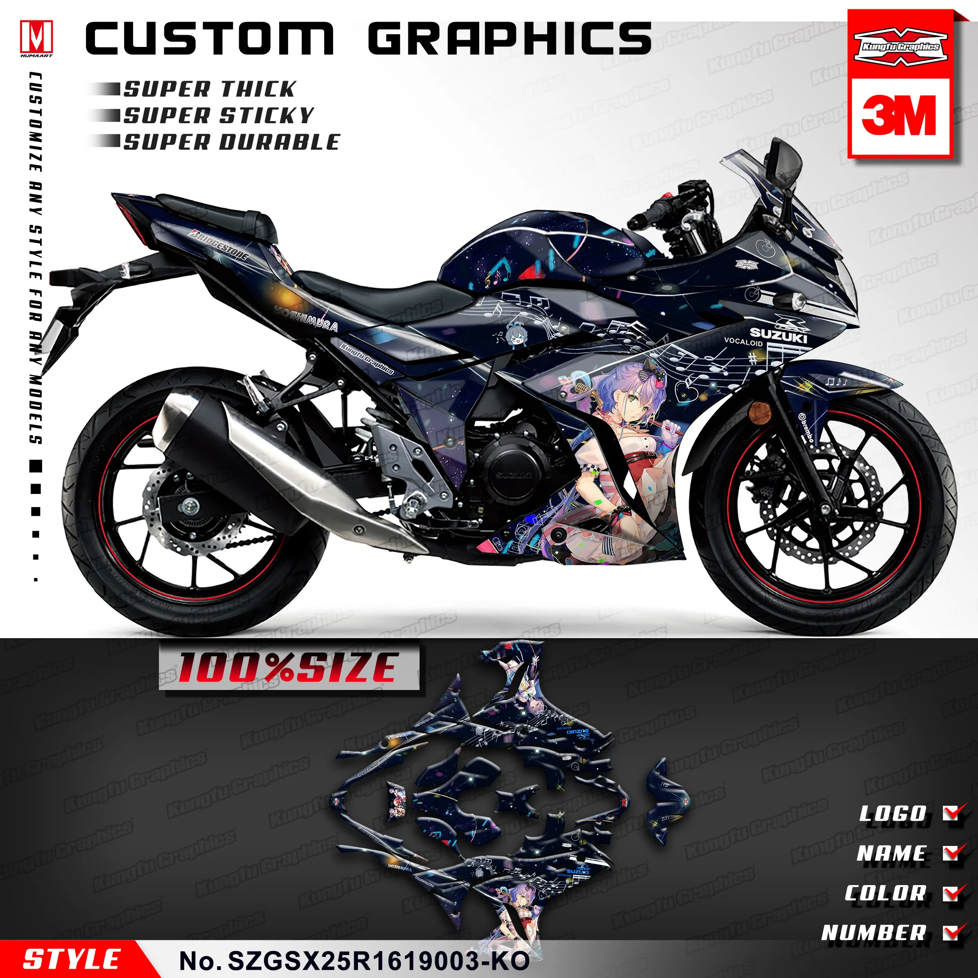 KUNGFU графика Мотоцикл стикеры комплект винил обёрточная бумага Гонки Наклейка для Suzuki GSX250R синий - Цвет: SZGSX25R1619003-KO