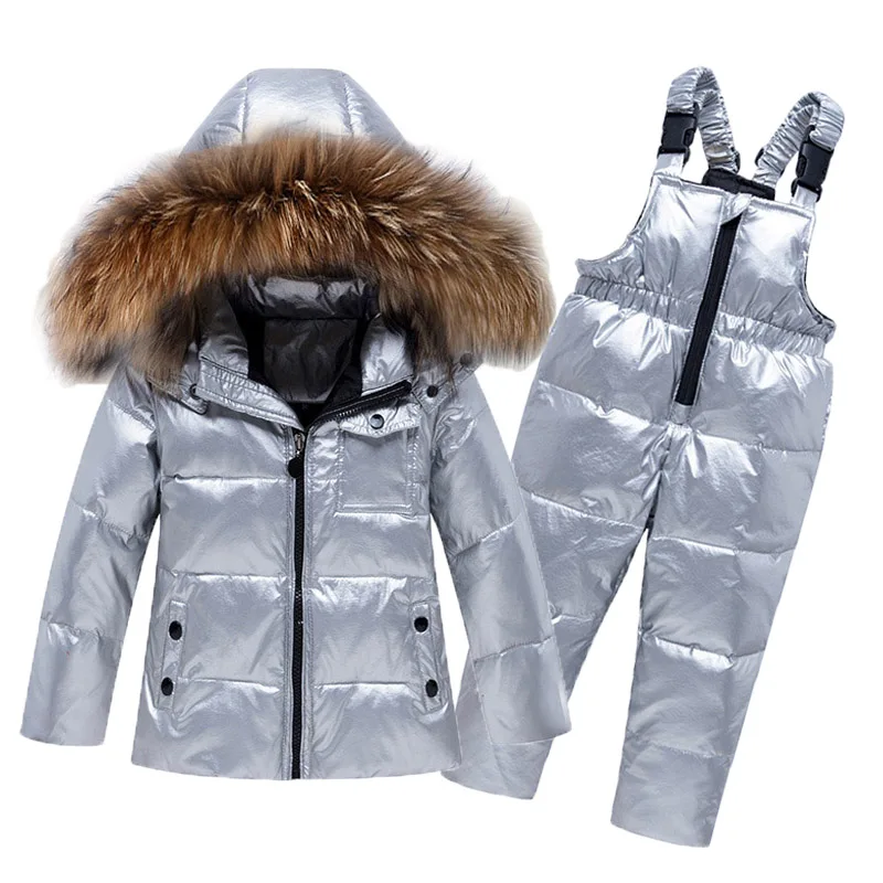 Детская одежда для маленьких девочек и мальчиков зимний комплект, пуховая куртка серебристого цвета с натуральным мехом-25 лыжный костюм ветрозащитная теплая одежда для малышей
