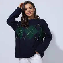 

Preppy Style Cotton Argyle Women Knitted Sweaters Autumn Winter O-Neck Loose Casual Pullovers Wool All-match Warm Tops Sweaters