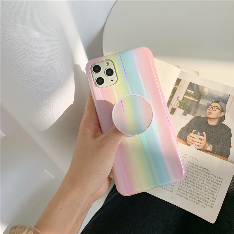 Цветной Гладкий лазерный Радужный чехол для iphone 11 11Pro Max XS Max X XR 6 7 8 Plus чехол для телефона задняя крышка Капа со складным кольцом