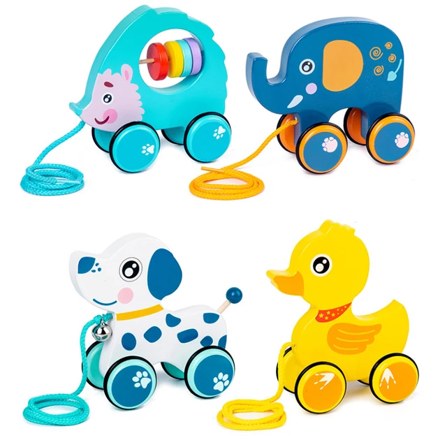 Wooden Cartoon Animal Trailer Children's Early Education Puzzle Hand Pull Rope Push Pull Walker Building Block Toy Car Kawaii 3