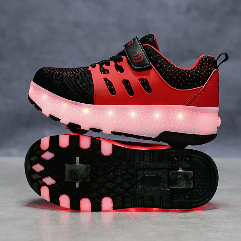 Детские светящиеся кроссовки с двумя колесами; цвет красный, розовый, синий; Светодиодный светильник; обувь для катания на роликах; детская обувь с подсветкой для мальчиков и девочек; Зарядка от usb - Цвет: Черный
