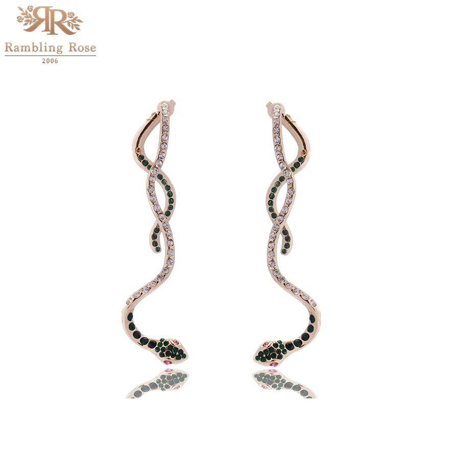 Женские серьги гвоздики в виде змеи золотистые и зеленые с подвеской спереди