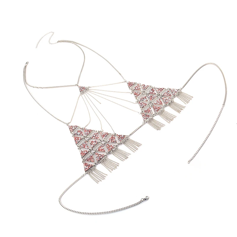 Boho модные роскошные стразы треугольные аксессуары цепочка с кисточками Жгут Бюстгальтер цепь для женщин ювелирные изделия сексуальное бикини металлическая цепочка на тело