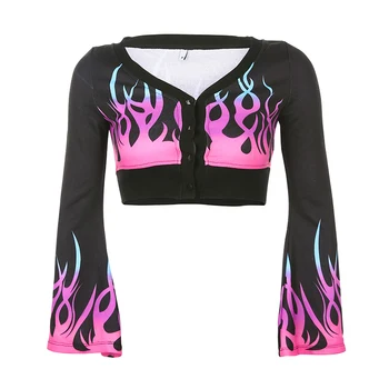 

Jazz Costume Women Nightclub Rave Clothes Purple Flame Short Sweater Women'S Trumpet Sleeves V-Neck Hip Hop Top Coat DT1859