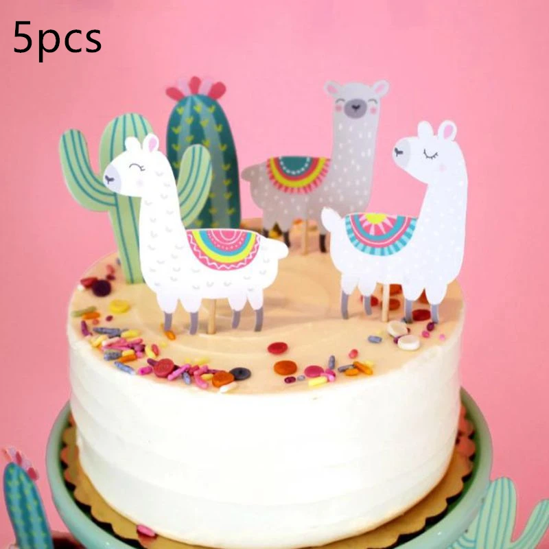Cake Topper 5pcs 6 шт Альпака Пригласительные открытки Unicornio вечерние с днем рождения Детские украшения Детские сувениры Пригласительные открытки с конвертами - Цвет: Cake Topper 5pcs