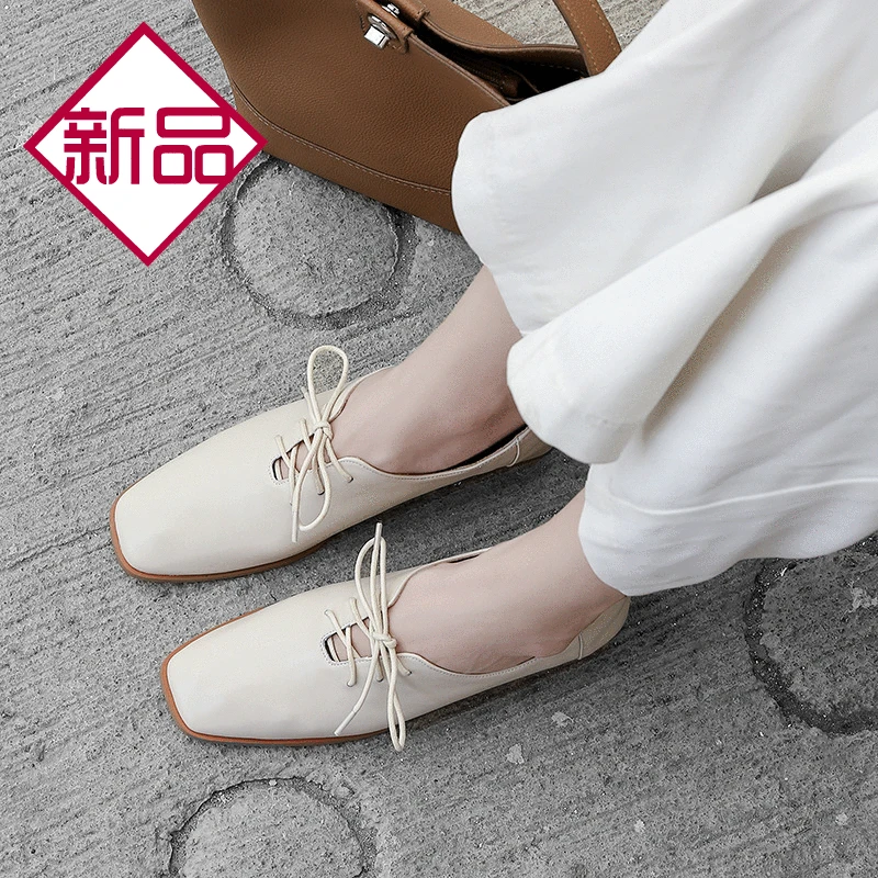 

2020 Spring And Autumn New Style Cowhide Lace-up Casual Flat British-Style Small Leather Shoes Online Celebrity Square Head Chun