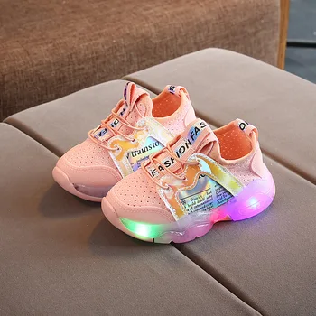 

Sneakers Baby Girls Elastic Fabric Breathable LED Flashing Lights Shoes Children Luminous Boys Sport Running Shoes Trainers 2.5