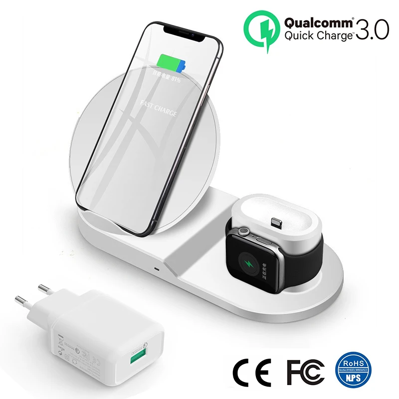 QC3.0 EU Plug Яркие 3 в 1 Беспроводной телефон Зарядное устройство настольная подставка быстрой зарядки док-станция для AirPods pro Apple Watch 4/3/2/1 iPhone X 8 XS 11 - Цвет: QC3.0 EU Plug