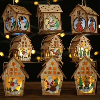 

DIY Christmas New Year Wooden Christmas Lighted Cabin Assembling Small House Christmas Tree Ornaments Glowing Colored Cottage