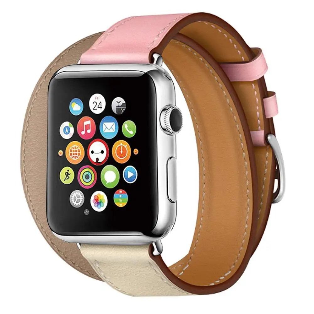 pink with beige iStrap Geuine Two-tone Leather Pin Buckle Band for Apple Watch 38mm 42mm 40mm 44mm - Цвет ремешка: pink with beige