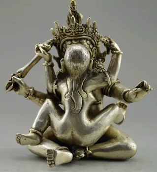 

Collectible Decorated Handwork Old Tibet silver Carved Buddha Make Love Statue