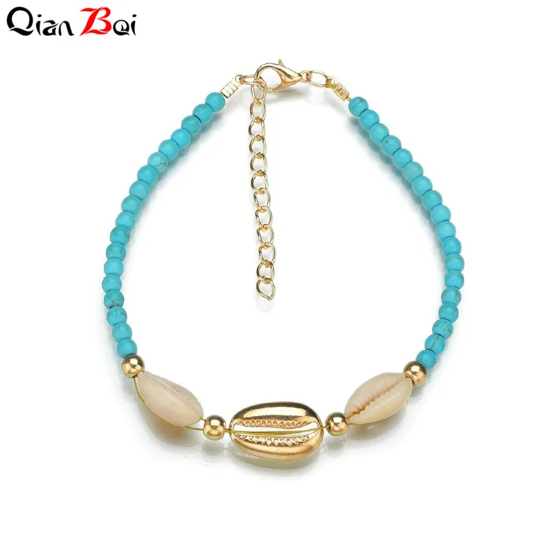 Gold QianBei, винтажный, сделай сам, веревка, дерево, бусина, лодыжки, браслет, натуральная оболочка, Богемский Браслет на лодыжку, для женщин, для ног, ювелирное изделие, Летний пляж - Окраска металла: Gold