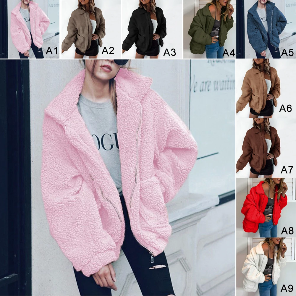 Women Coat Thick Warm Pocket Fleece Jacket Coat Zip Up Outwear Overcoat Winter Soft Fur Jackets Female Plush Coat Elegant