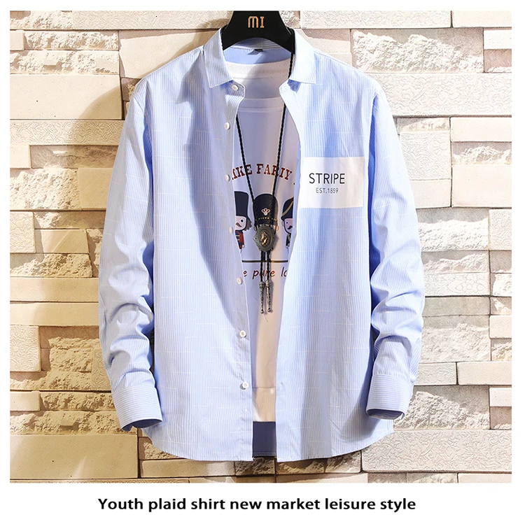 Camisa Осенняя мужская хлопковая рубашка с длинными рукавами, Повседневная Свободная Корейская версия, красивая тонкая синяя серая рубашка с принтом