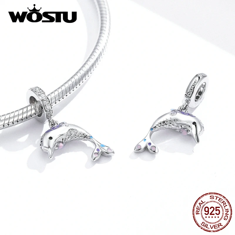 WOSTU Настоящее 925 пробы, серебряные милые Подвески с дельфинами, циркониевые бусины, подходят к оригинальному браслету, кулон для женщин, модное ювелирное изделие CTC159