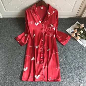

Summer Silky Sleepwear Nightdress Red Sexy Casual Women Night Gown Sleepdress Satin Long Sleeve Nightshirt New Year Homewear
