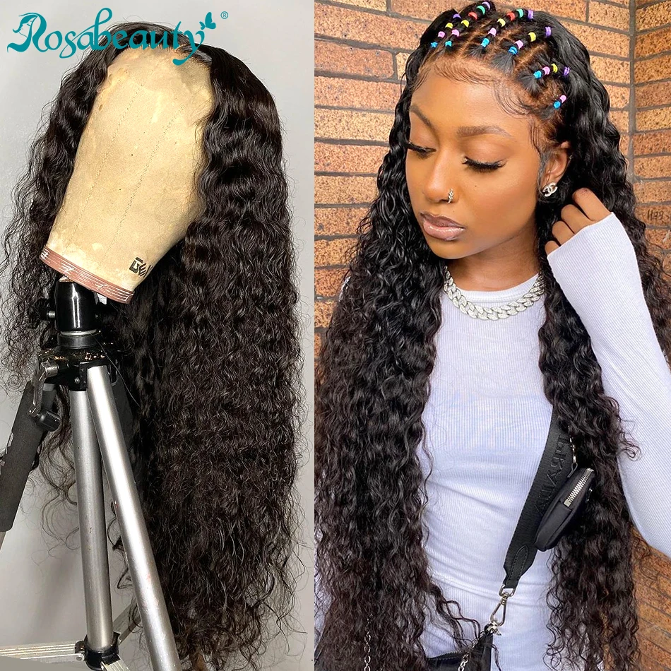 Rosabeauty onda profunda 28 30 pulgadas de largo de encaje pelucas de cabello humano brasileño de agua Frontal rizado pelucas para mujeres negras cierre 4x4